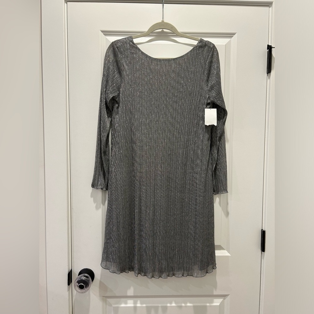 MARINA Metallic Long Sleeve A-Line Dress